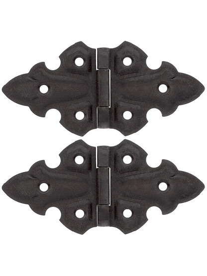 Pair of Gothic Style Surface Cabinet Hinges - 1 3/4 inch H x 3 3/4 inch W in Oil-Rubbed Bronze